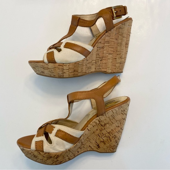 Michael Kors Melody Wedge Leather Canvas Platform Sandals Peanut Tan Sz 9 Resort - Picture 4 of 12